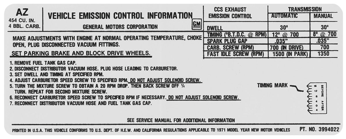what timing chevy for 350 454 Radiator (AZ Monte Decal: 4V/425 Support Carlo 1971 HP