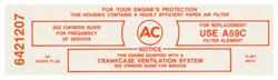 Decal, 65 Pontiac, Air Cleaner, Service Instructions, 421, 3x2, Ca., A59C, Red