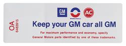 Decal, 68 Cutlass, Air Cleaner, 350, 400 2bbl , "Keep your GM car all GM"