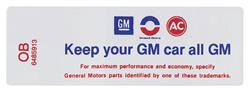Decal, Air Cleaner, 1970 Cutlass, V8 2V, Evap. Emission, All GM, OB 6485913