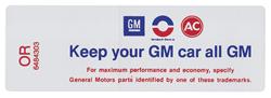 Decal, 69 Cutlass, Air Cleaner, 350 4bbl, 455 4bbl , "Keep your GM car all GM"