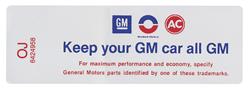 Decal, Air Cleaner, 1968 Cutlass, 400-4V, Keep your GM car all GM, OJ 6424958