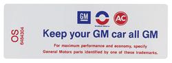 Decal, 69 Cutlass, Air Cleaner, 400, 455, 4bbl , HP, "Keep your GM car all GM"