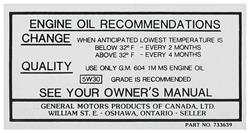 Decal, 66-67 Cutlass, Oil Change, Canada