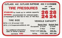 Decal, 70 Cutlass, Tire Pressure, 455
