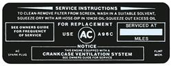 Decal, 64 Buick, Air Cleaner, Service Instructions, Wildcat 445, A96C