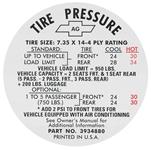 Decal, 67 Chevelle, Tire Pressure, w/o AC