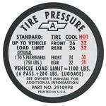 Decal, 67 Chevelle, Tire Pressure, SS