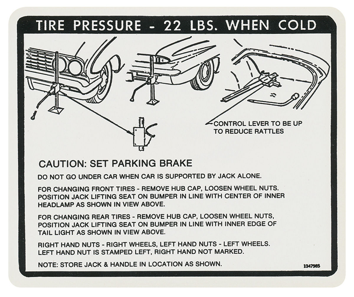 Decal, 61 Special, Trunk, Jack Instructions, Tire Pressure