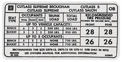Decal, 1973 Cutlass, Tire Pressure, "OB"