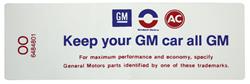 Decal, 70 Cutlass, Air Cleaner, 2bbl,  "Keep your GM car all GM"