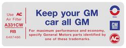 Decal, 72-73 Pontiac, Air Cleaner, V8, 2 Barrel, Keep Your GM Car All GM, RB