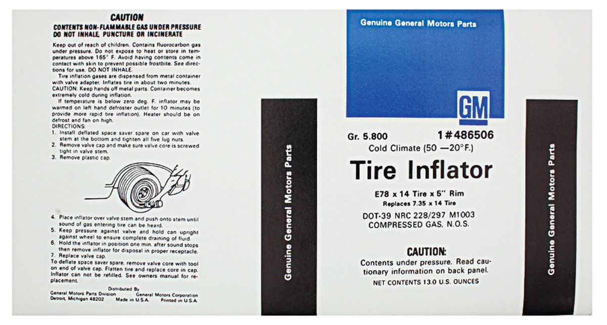 Decal, Tire Inflator Bottle Instructions, 197377 Pontiac, E78x14x5, GM 486506
