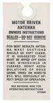 Instructions Tag, Power Antenna, 63 Riviera/59-63 Pontiac/54-63 Cadillac, GM# 570340