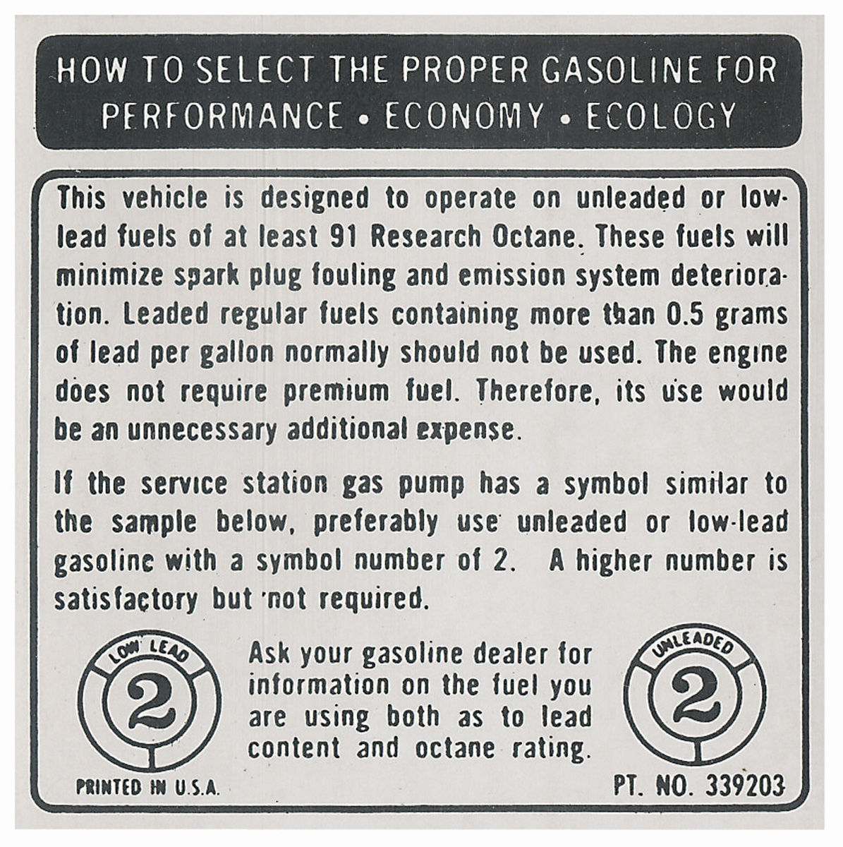 Decal, 73-74 Riviera, Fuel Requirement, 91 Octane @ OPGI.com