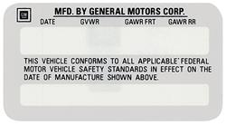 Decal, 76-77 GM All, Interior, Vehicle Certification Kit