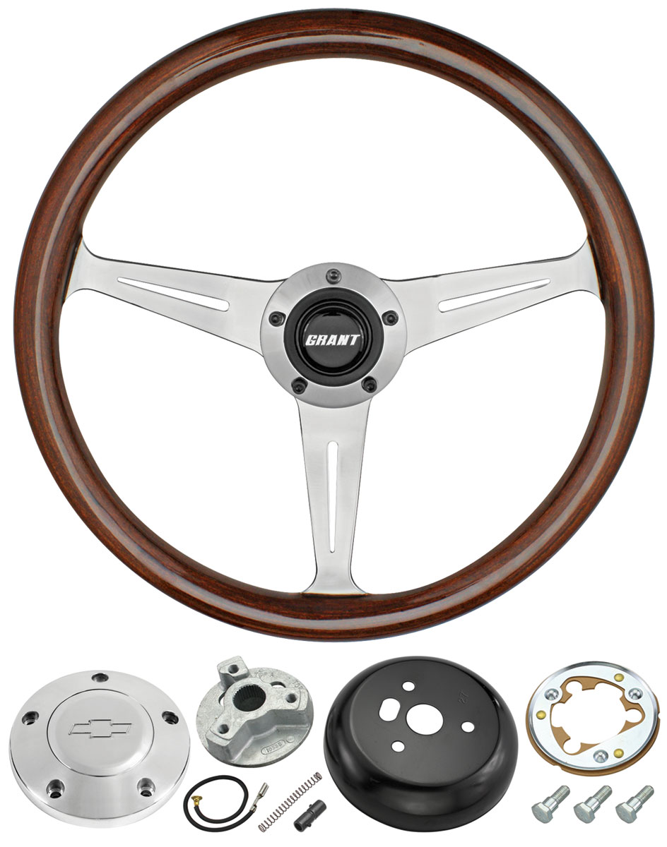 Steering Wheel Kit, Grant 3Spoke, 196988 Chev, Mahogany w/Billet