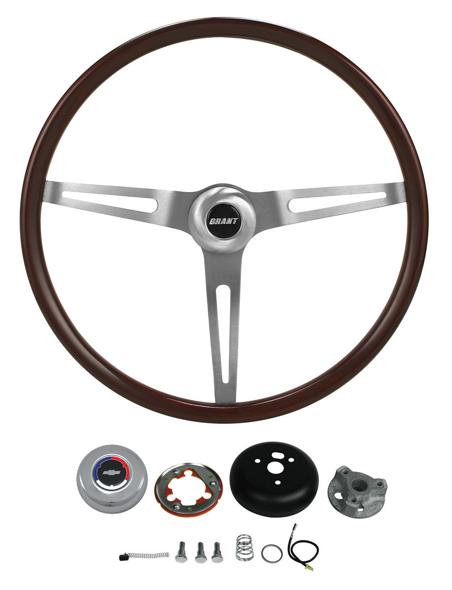 Steering Wheel Kit, Grant Classic Dk Mahogany, 1969+ Chev, Chrome Cap w
