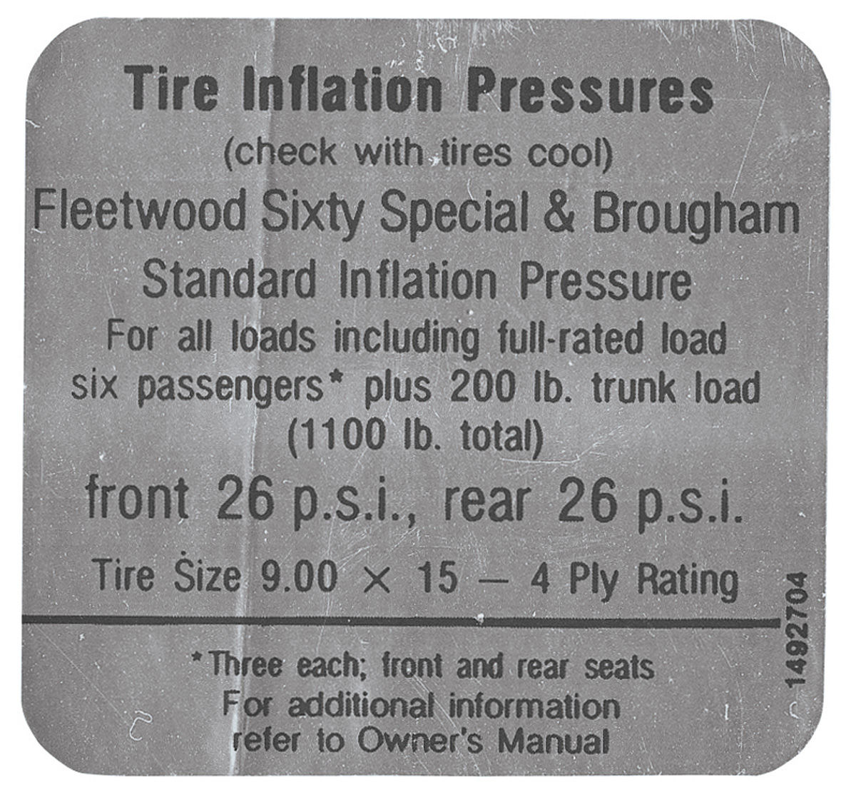 Decal, 6869 Cadillac, Fleetwood, Brougham, Door Jamb, Tire Pressure
