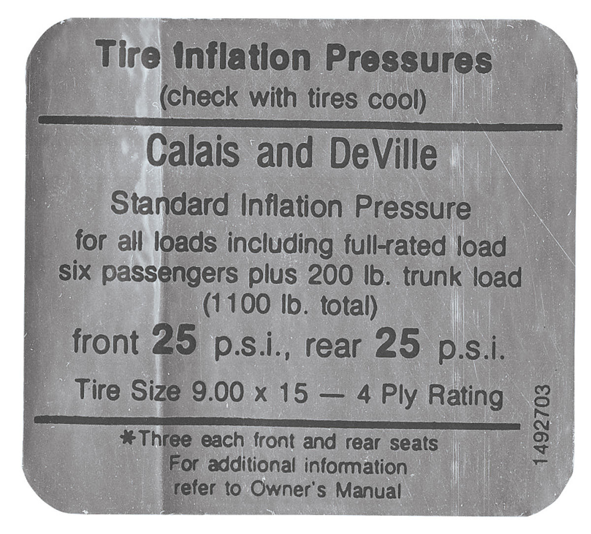Decal, 68 Cadillac, Calais, DeVille, Door Jamb, Tire Pressure