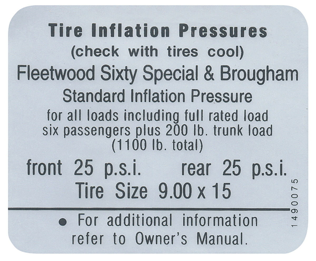 Decal, 67 Cadillac, Fleetwood, Door Jamb, Tire Pressure, exc. Brougham