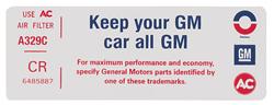 Decal, 72 Cadillac, Air Cleaner, Keep Your GM Car All GM, CR, 6485887