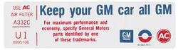 Decal, 75 Cadillac,  Air Cleaner, Keep Your GM Car All GM, VI, 8995106