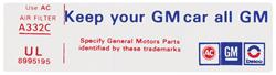 Decal, Air Cleaner, "Keep Your GM Car All GM", 76 Cadillac, VL, GM # 8995195