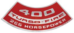 Decal, Air Cleaner, 1964-77 Chevelle & El Camino & Monte, 400 Turbo-Fire 265HP