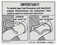 Decal, Carb Heat Valve Instruction, 1960 Corvair
