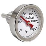 Thermometer, 1.4" Dial, 0-250F, White Marshall Logo Dial, Red Pointer, 3/8NPT