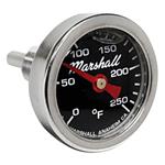 Thermometer, 1.4" Dial, 0-250F, Black Marshall Logo Dial, Red Pointer, 3/8NPT