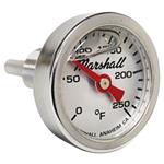 Thermometer, 1.4" Dial, 0-250F, Silver Marshall Logo Dial, Red Pointer, 3/8NPT