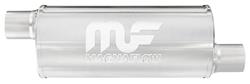 Muffler, 6" Round Reversible, MF, Satin 409SS, Offset In/Out, 14" Body