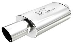 Muffler w/Tip, Comp 5" x 8" x 14" Oval, 3" In/4" Angle Cut Tip, Center/Centr, MF