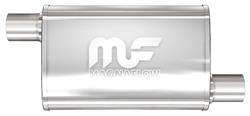 Muffler, 3.5" x 7" x 11" Oval Reversible, Satin 409SS, Offset 2" Inlet/2.25" Out