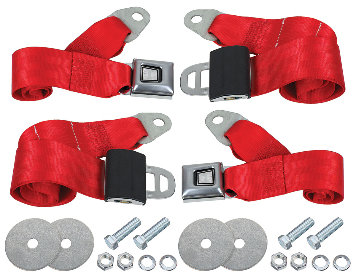 2-Point Red Airplane Buckle Lap Seat Belts W/ Anchor Plate & Hardware – SafTboy Rod Style