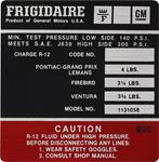 Decal, AC Compressor, 1974 Pontiac, Frigidaire, #1131058