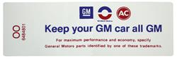 Decal, Air Cleaner, 1972 Cutlass, V8 2bbl, Keep your GM car all GM, NF 6487335