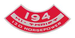 Decal, Air Cleaner, 1964-77 Chevelle & El Camino & Monte, 194 Hi-Thrift 120HP