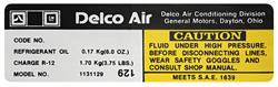 Decal, 1978-80 GM G-Body, Air Conditioning Compressor, Delco, # 1131129